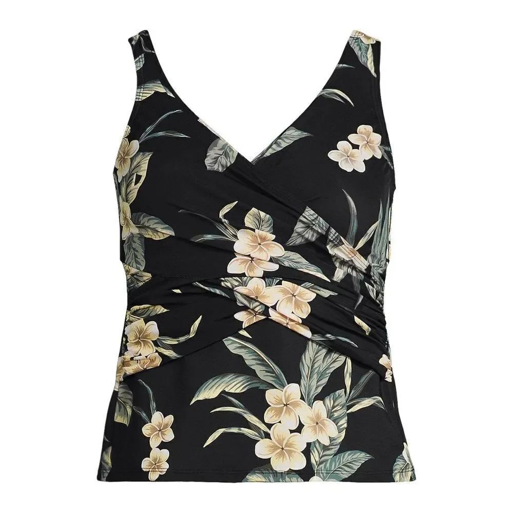 Land's End Plus Size slender suit wrap tankini top black plumeria size Various